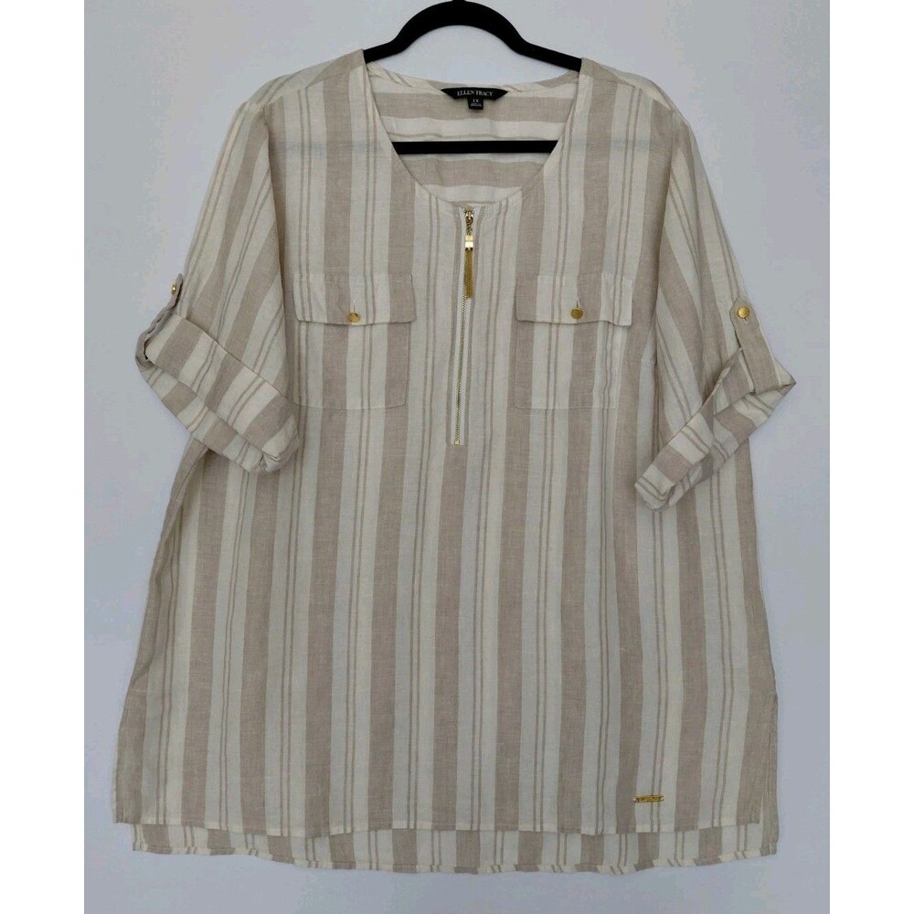 Ellen Tracy 100% Linen Beige Striped Tunic Blouse w/Gold Details Size 1X